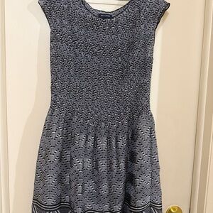 Max Edition Geometric Print Dress Black White Cap Sleeve Smocked Waist XL